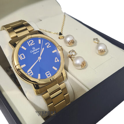 Relógio Feminino Analógico Champion Dourado Fundo Azul CN25181O