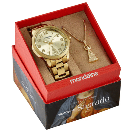 Relógio Masculino Dourado Nossa Senhora Aparecida com kit 99752GPMVDE1K1
