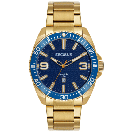 Relógio Masculino Dourado Aço Com Calendário e Visor Azul  77260GPSVDA2