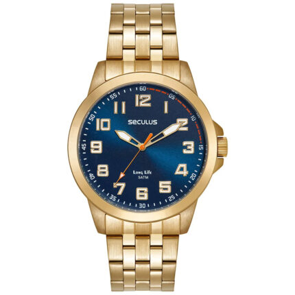 Relógio Seculus  Masculino Dourado Aço Analógico Mostrador Azul 44293GPSVDA3